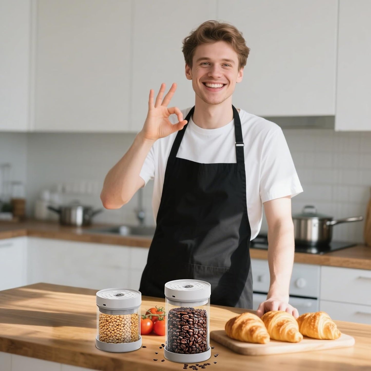 Auto Vacuum Coffee Container, 700ML/10oz Airtight Food Storage Containers, Coffee Bean Storage Canister, Glass Storage Jars for Beans & Food