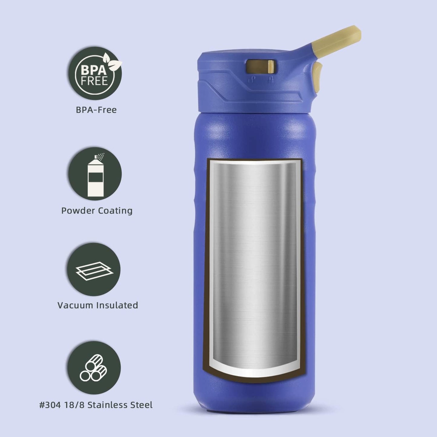 IDEUS Insulated Stainless Steel Water Bottle with 2 Leak-Proof Lids, Thermal Water Flask for Hiking Biking, 18oz, Purple