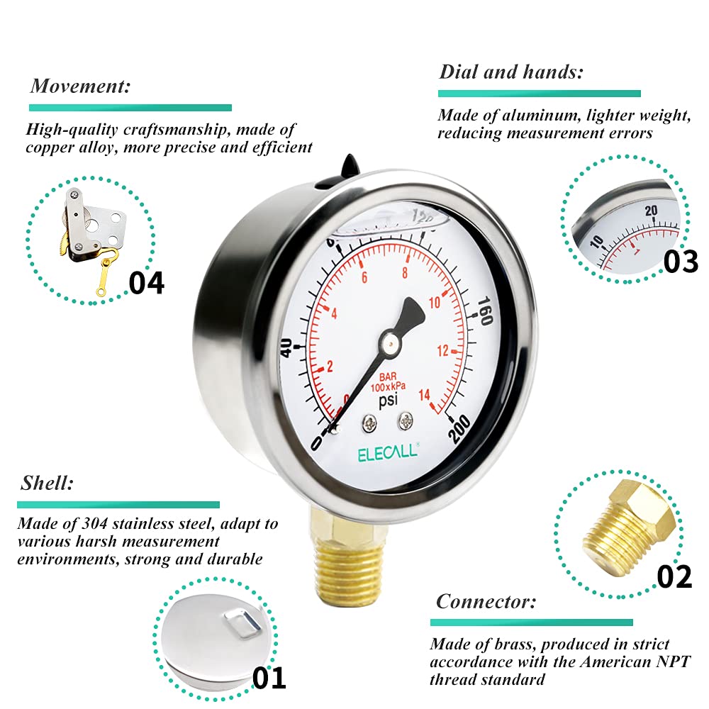 ELECALL 2-1/2” Glycerin Liquid Filled Air Pressure Gauge, 0-200Psi, 1/4” NPT Lower Mount, Stainless Steel Case, Brass Internals, Water Pressure Gauge