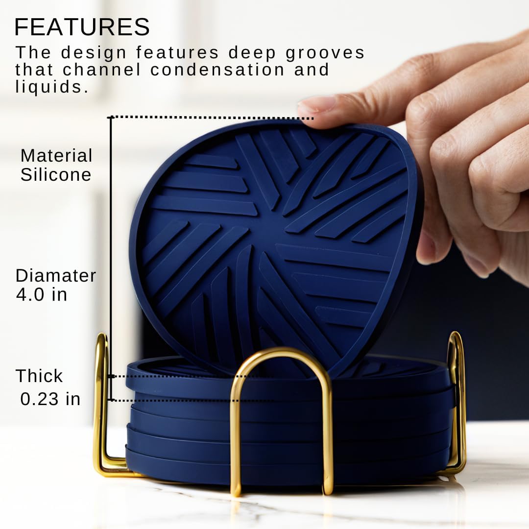 Coasters Set of 6 - Non-Slip Table Coasters for Drinks, Mugs, Glasses, Cups, Bottles - Round Pads with Stylish Groove Patterns & Gold Holder Stand - 4", 0.23" (Navy Blue)