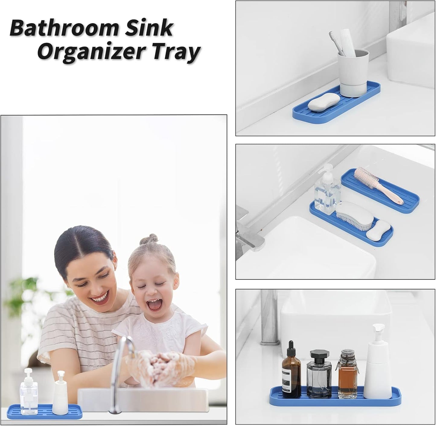 Silicone Kitchen Sink Organizer Tray for Multiple Usage,Eco-Friendly Sponges Holder for Kitchen Bathroom Counter or Sink,Dish Soap Dispenser,Scrubber,Bottle,Cup (Lichen Blue, 12"×4")