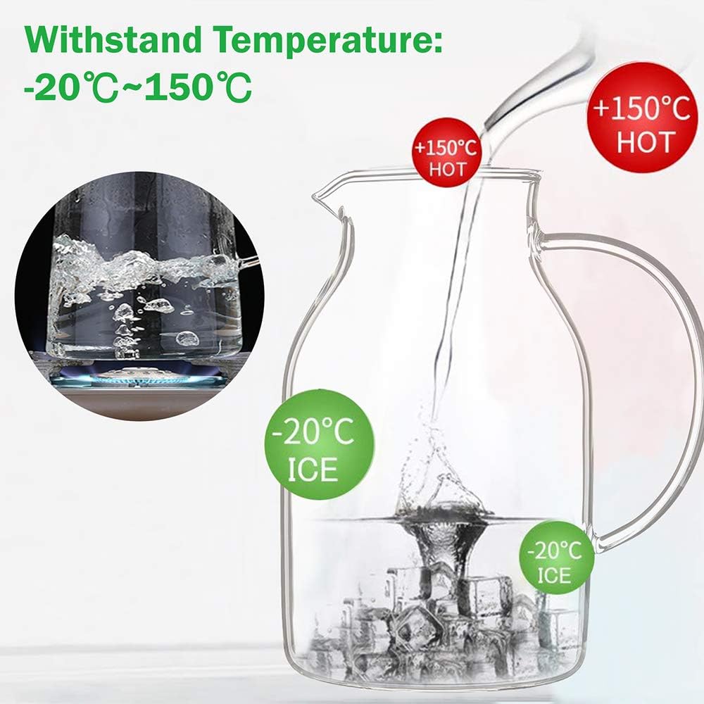 68oz Glass Pitcher with Lid and Handle - High Heat Resistance Glass Water Pitcher for Hot/Cold Water & Iced Tea (2.0L)