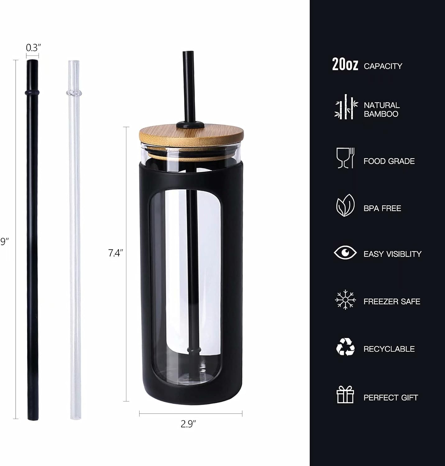 Kodrine 20oz Glass Water Tumbler with Straw and Lid, Bamboo Lids Water Bottle, Iced Coffee Cup Reusable, Wide Mouth Smoothie Cups with Protective Silicone Sleeve BPA FREE-Black