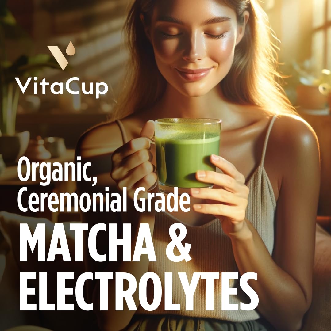 VitaCup Hydration Matcha Instant Packets, for Natural Energy and Detox, w/Electrolytes, Ceremonial Grade Organic Matcha, Coconut Water, Pink Himalayan Salt, Magnesium, in Single Serve Sticks, 10 Ct