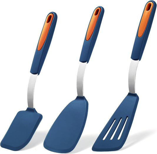 To encounter 3 Pieces Silicone Spatula Set, Heat Resistant Flexible Turner Spatulas, Nonstick Cookie Spatula, Fish Spatula, Dishwasher Safe, Navy Blue