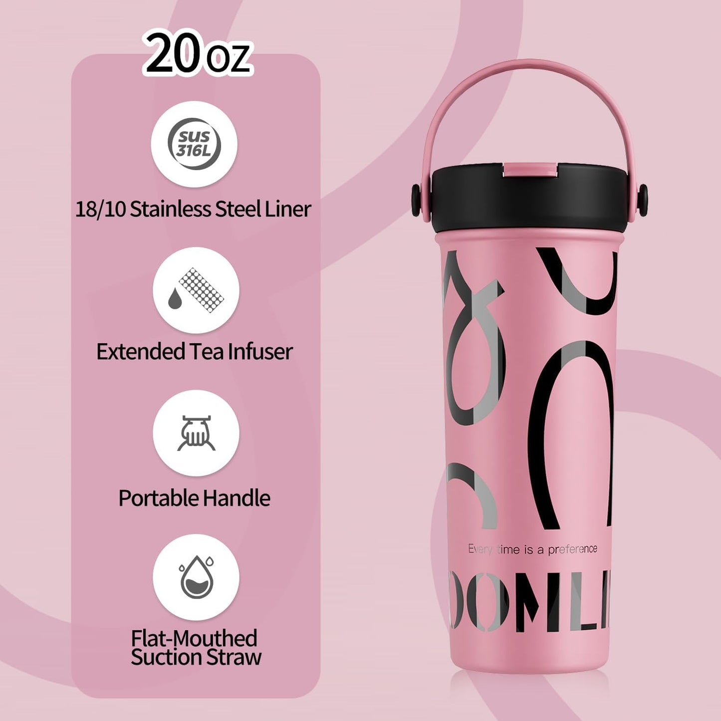 GOOM 20 oz Spill Proof Tumbler with Lid and Straw, Top Handle, Extended Tea Infuser, 6-Layer Insulation 18/10 Stainless Steel, Christmas Gifts for Mom Women Her, Teacher Gifts - Pink