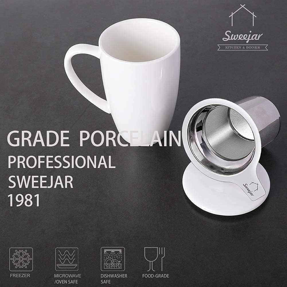 Sweejar Porcelain Tea Infuser Cup with Lid, 16 oz Teacup with Strainers for Loose Leaf, Microwave and Dishwasher Safe Coffee Mug, Steeping Mug for Tea Drinkers,Christmas Gift (White)