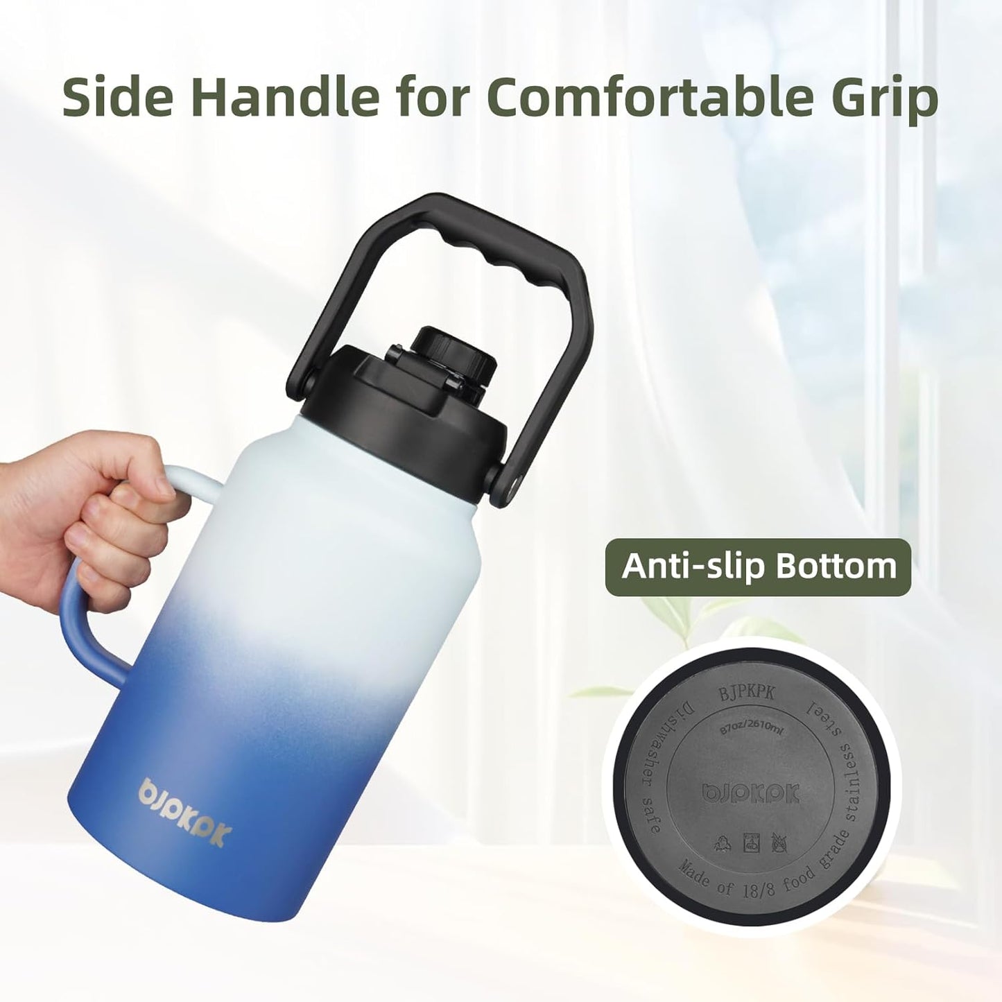 BJPKPK 87oz Insulated Water Bottle with Handle, Large Dishwasher Safe 2/3 Gallon Water Bottle, BPA Free Water Jug, Wide Mouth Metal Water Bottle with Anti-slip Bottom, Army Green & Black