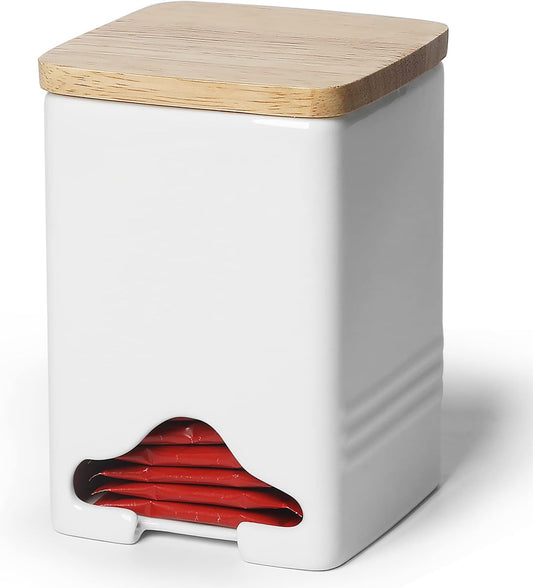 Ceramic Tea Bag Storage Organizer Caddy Holder with Lid (White)