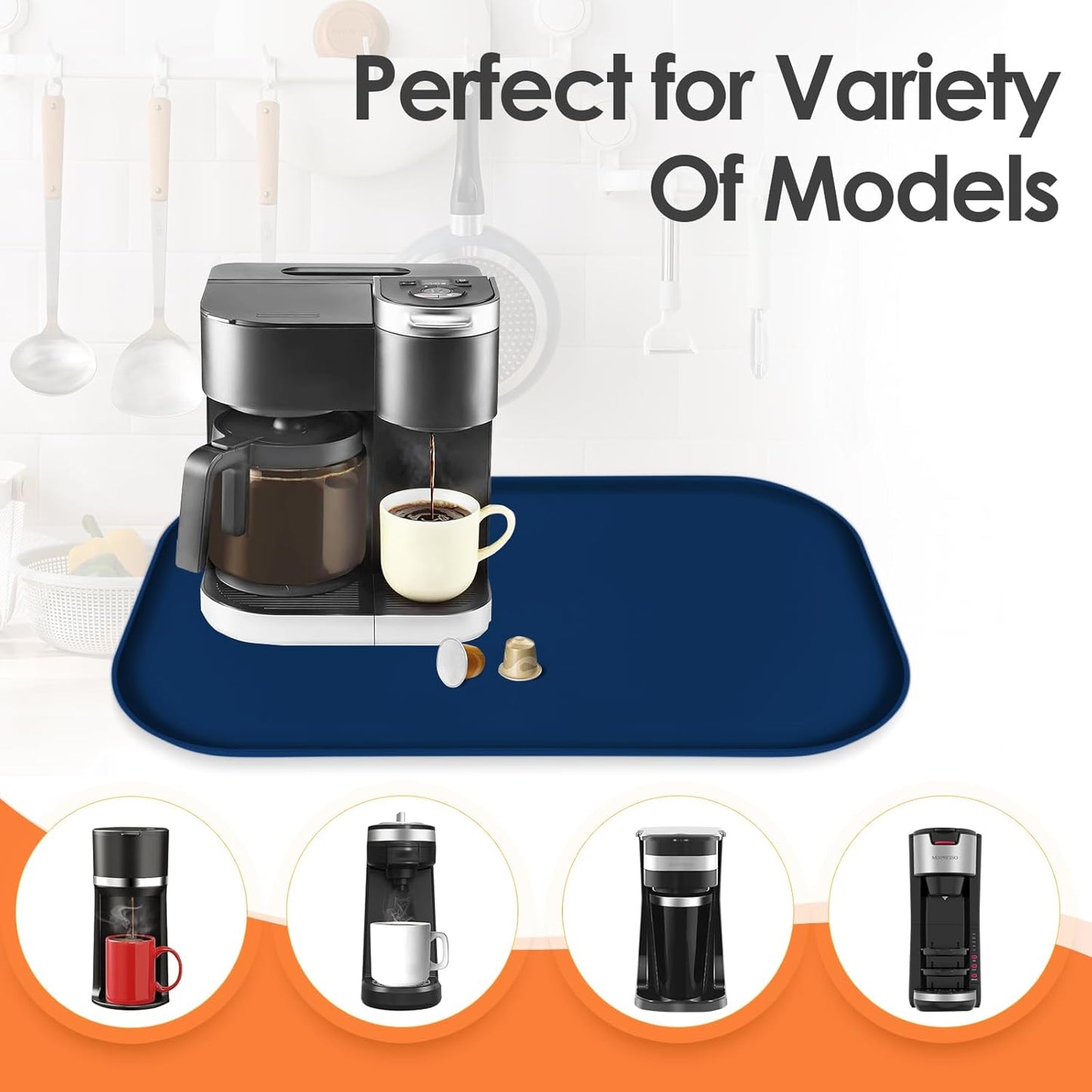 Silicone Coffee Maker Mat with Lip, 24'' x 16'' Heavy Duty Coffee Maker Mat for Countertops, Coffee Tray Fit Under Coffee Machine Appliance Automatic Machines Espresso Accessory, Navy Blue