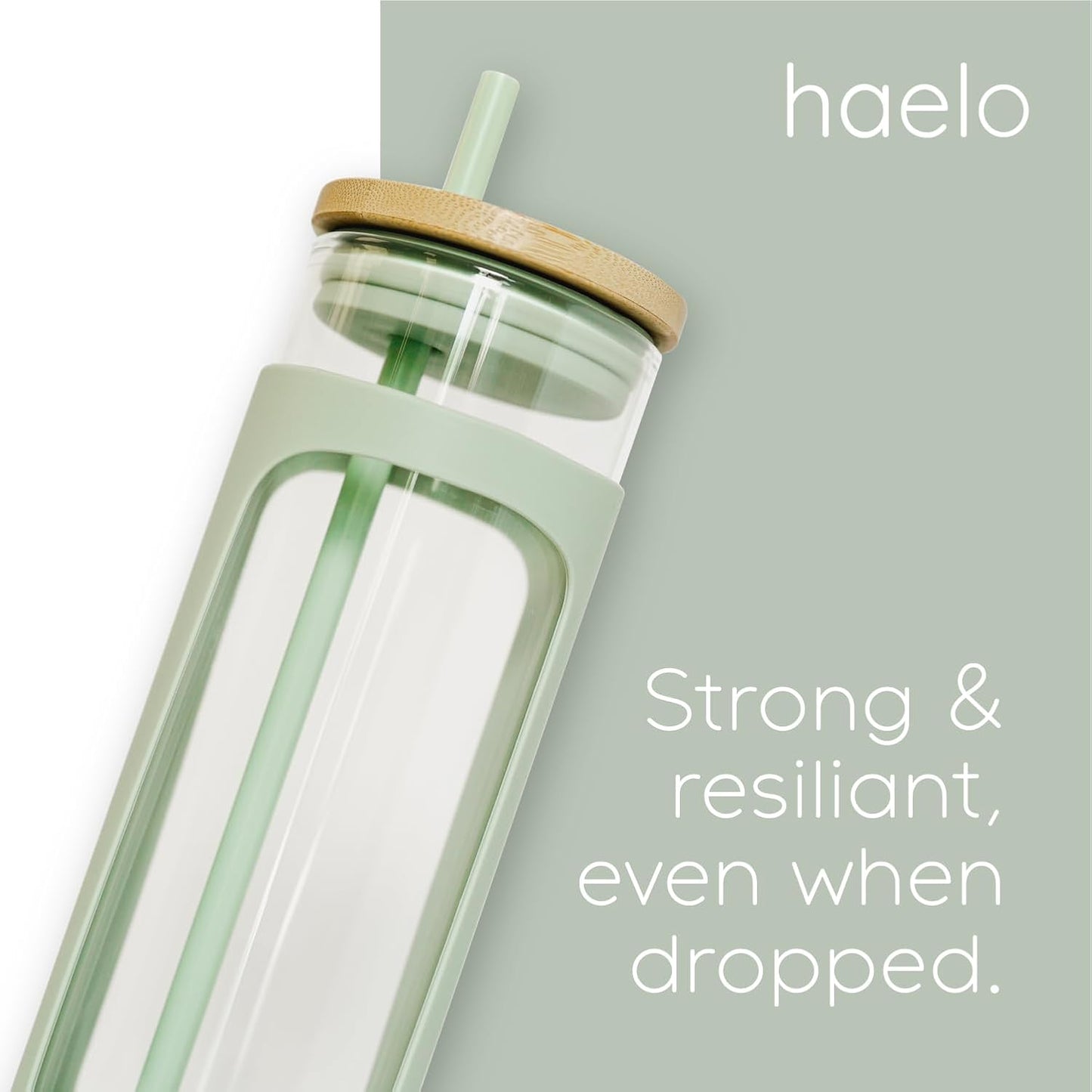 haelo 20oz Glass Tumbler Water Bottle, Iced Coffee Cup with Straw, Silicone Protective Sleeve, Bamboo Lid Reusable BPA Free (Sage Green)