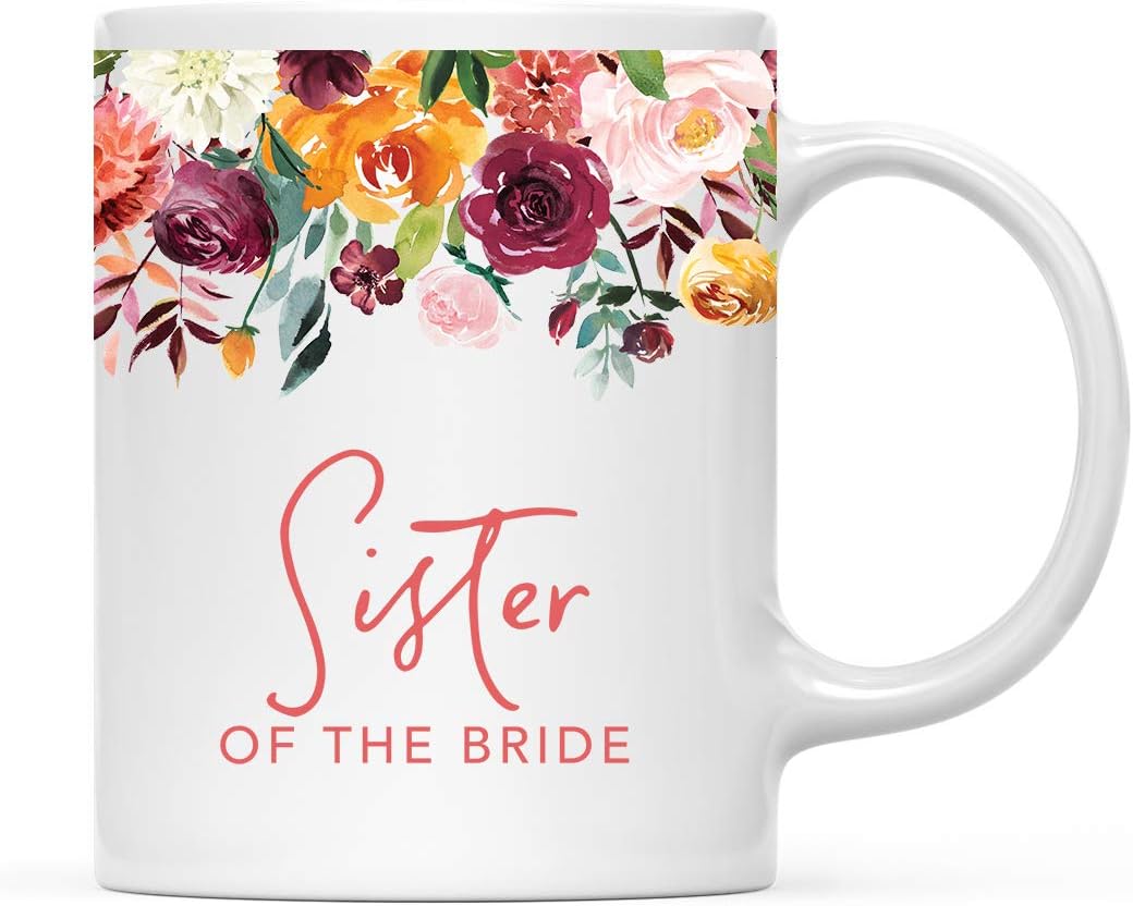 Andaz Press 11oz. Wedding Ceramic Coffee Tea Mug Gift, Fall Autumn Burgundy Orange Peach Flowers Roses Florals, Sister of the Bride, 1-Pack, Includes Gift Box
