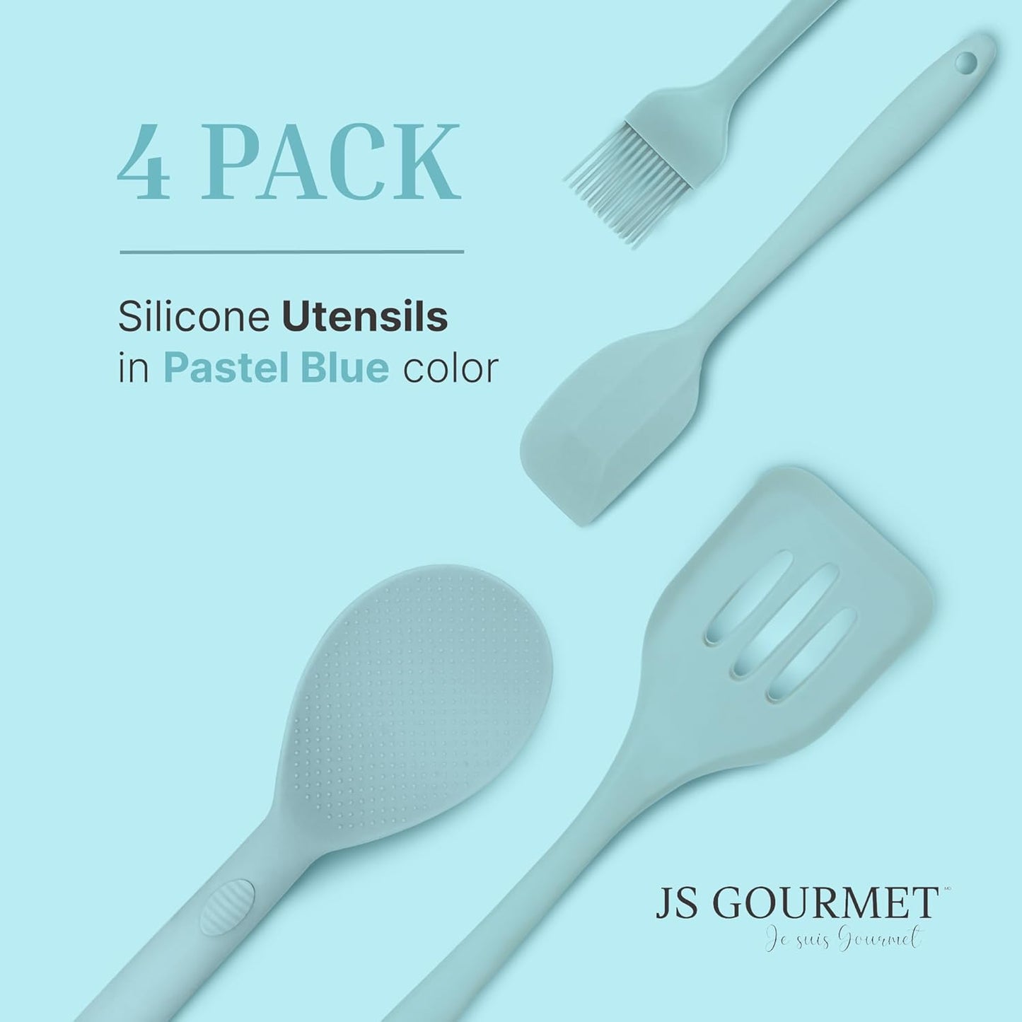 Silicone Utensils 4-Piece Set – Rubber Spatula, Pastry Brush, Slotted Turner, and Rice Paddle – Complete Heat-Resistant Set for Non-Stick Cookware – Kitchen Tools for Cooking and Baking – Pastel Blue