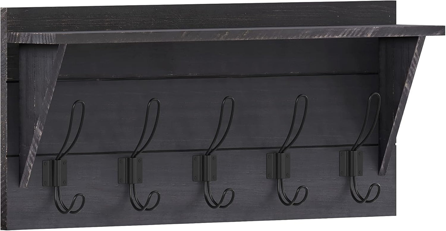 HBCY Creations 24" Wall Mounted Storage Rack - Pine Wood Construction - Black Wash - Upper Storage Shelf - 5 Hooks - Ideal for Entryway, Kitchen, Bathroom