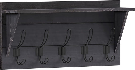 HBCY Creations 24" Wall Mounted Storage Rack - Pine Wood Construction - Black Wash - Upper Storage Shelf - 5 Hooks - Ideal for Entryway, Kitchen, Bathroom