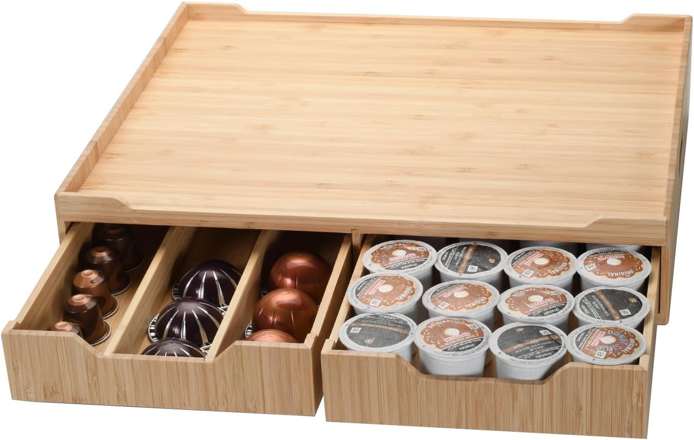 Mobilevision Bamboo Drawer & Large Sliding Tray for K-Cup & Espresso Pod Storage Organize Coffee Maker & countertop appliances for Kitchen & Office Break Rooms