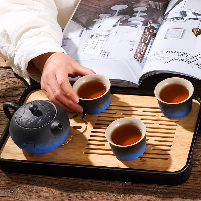 LURRIER Gongfu tea sets, Portable Ceramic TeaSet, Asian Tea sets for adult, Tea Gift sets, Grey leather case, Portable Travel Bag,Home,Gifting,Outdoor and Office(XBlack and Blue)