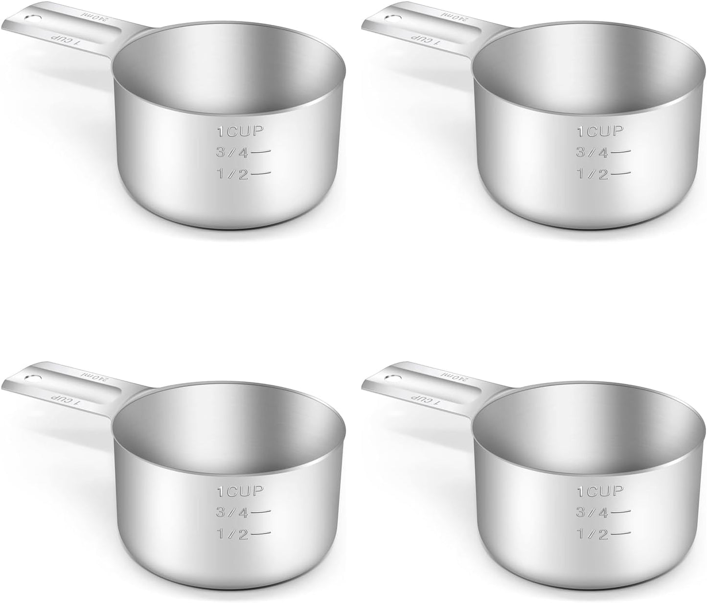 4PCS 1Cup (240ml, 8oz) Single Measuring Cup, Stainless Steel Measure Scoop, Metric and US Measurement, Dishwasher Safe