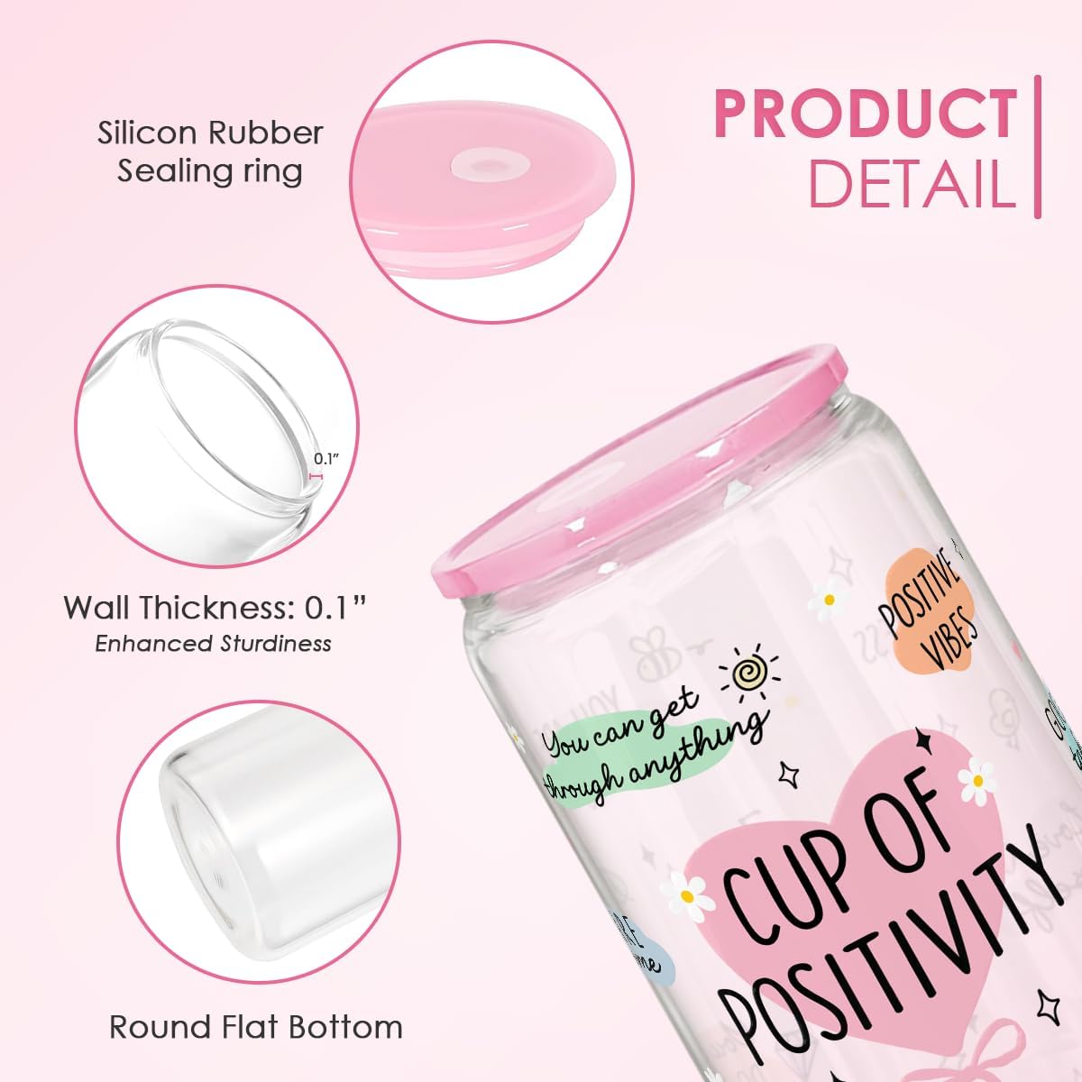 SANDJEST Inspiration Gifts - Glass Tumbler 16oz with Acrylic Lid and Straw - Iced Coffee Cups for Women, Aesthetic Glass Cup Gift for Birthday Christmas