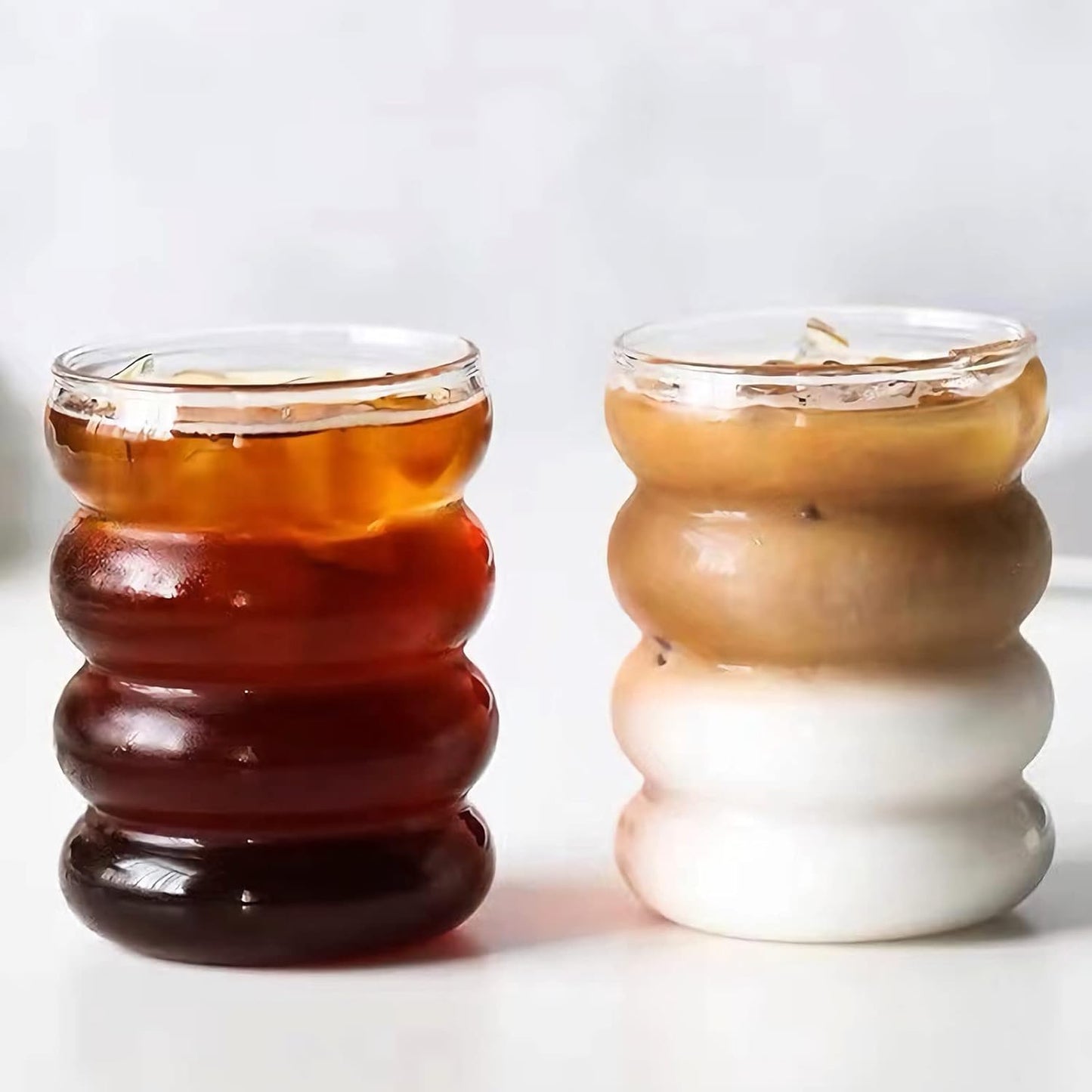 4 Pcs Iced Coffee Glasses with Glass Straws 14oz Thick Drinking Glass Cup Set,Iced Latte Glasses,Cocktail Glasses,Beer Glasses,Ideal for Water,Soda,Tea,Gift - with Cleaning Brushe