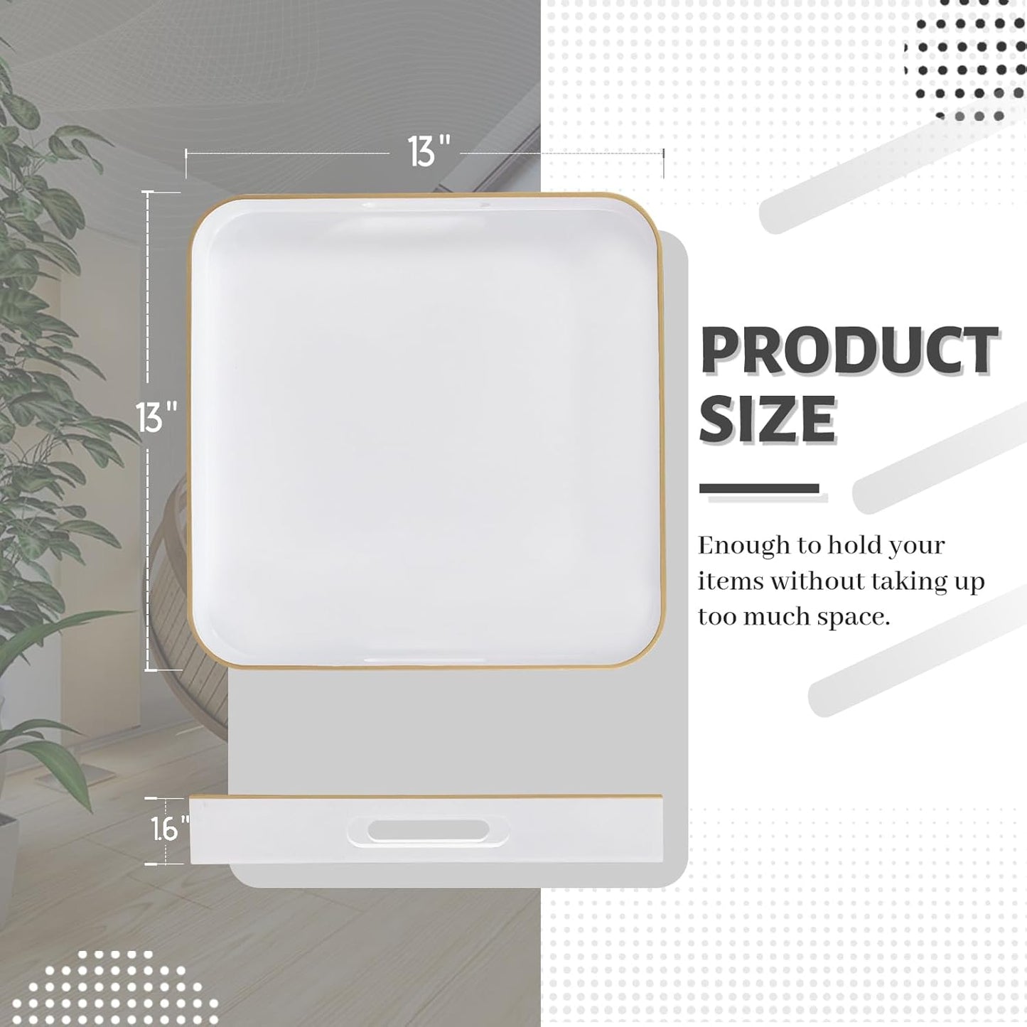 MAONAME 13" White Decorative Tray, Serving Tray with Metal Handles, Square Plastic Trays for Ottoman, Modern Coffee Table Trays for Living Room, Bathroom