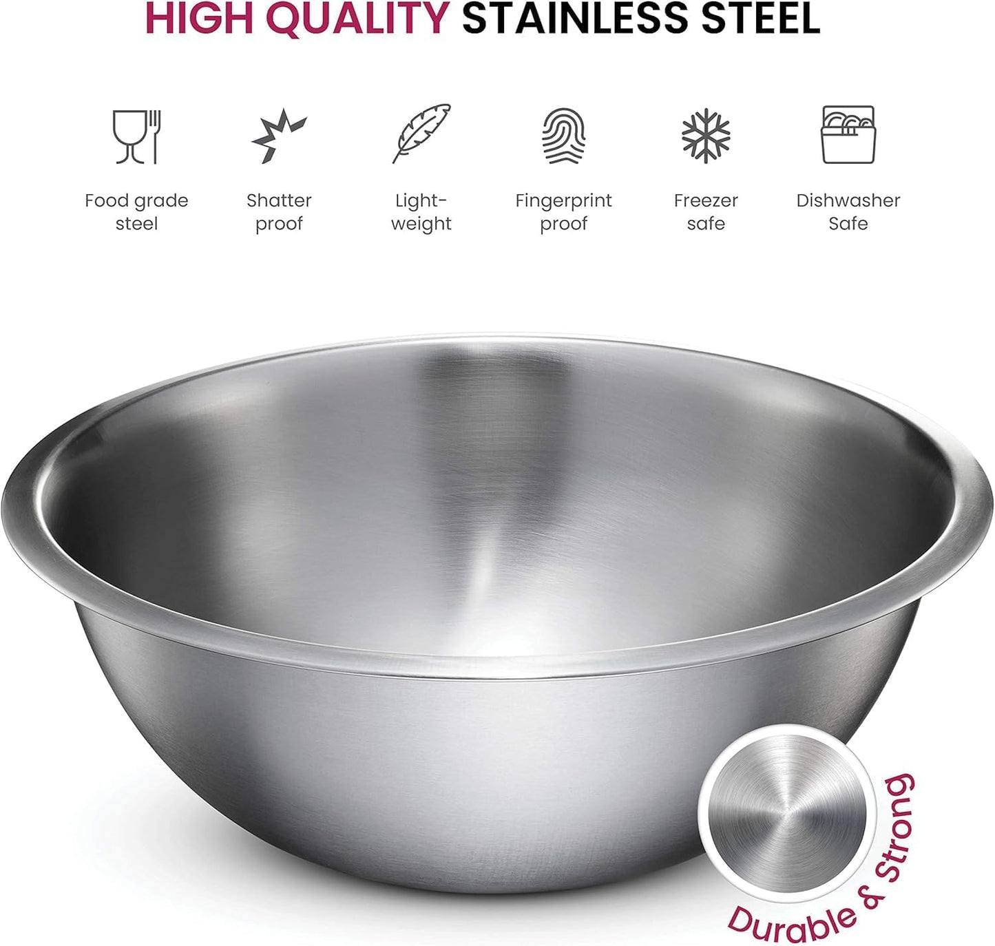 Stainless Steel Mixing Bowl Set, Nesting Bowls for Kitchen Baking, Cooking, Prepping, Kitchen Food Storage Organizers, No Lids (5 Pack)