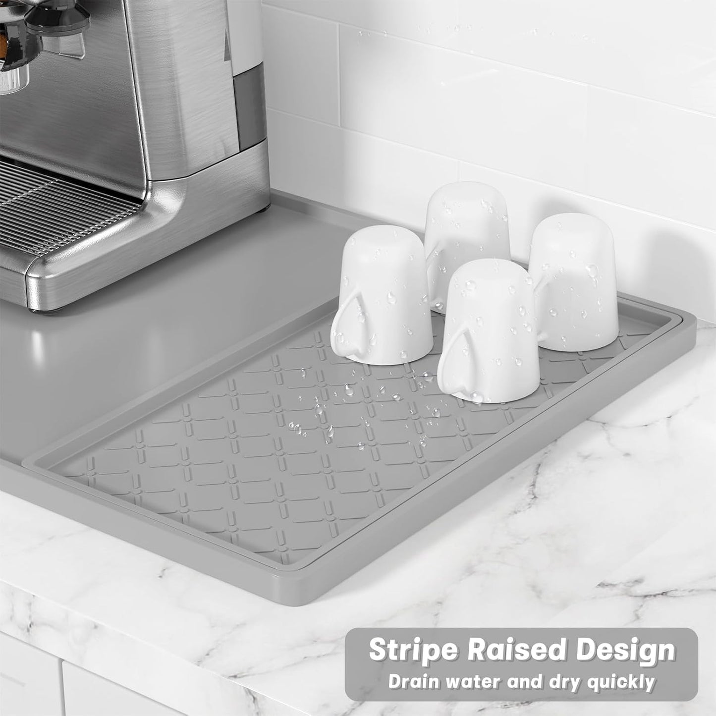 Rnivvi Silicone Coffee Mat, 16" x 24" Waterproof Raised Edge Coffee Bar Mats for Espresso Machine Station Accessories, Heat Resistant Detachable Dish Drying Pad for Kitchen Counter, Dish Rack, Gray
