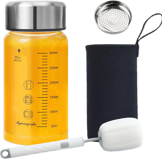 Glass Juice Bottles 12 oz - Wide Mouth Glass Water Bottles with Lids and Sleeve- for Juicing, Smoothies, Milk, Protein, Reusable, Stainless Steel Lids, Leak Proof, Shaker bottle (12oz/400ml)