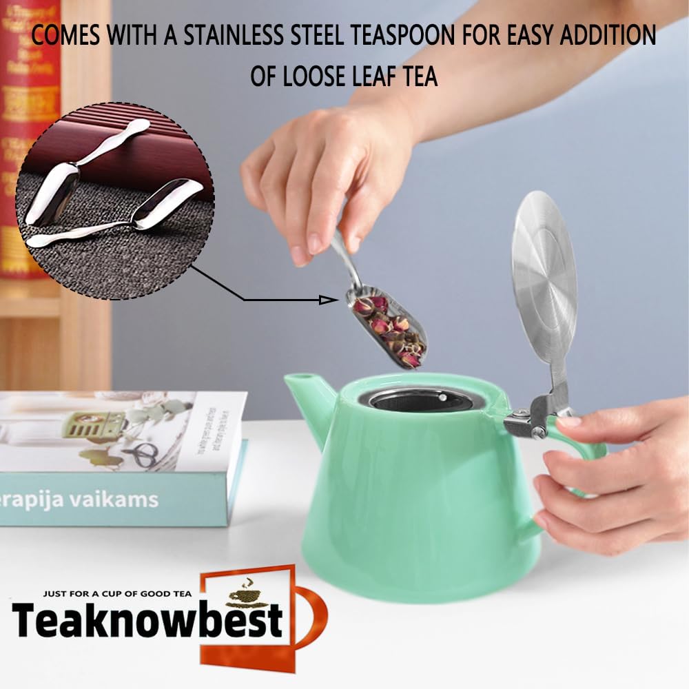 Ceramic teapot, 19oz Tea pot for loose leaf tea, Tea infuser pot with Removable 18/8 Stainless Steel Infuser and teaspoon, Suitable for 1-2 people to brew tea or coffee (azure)