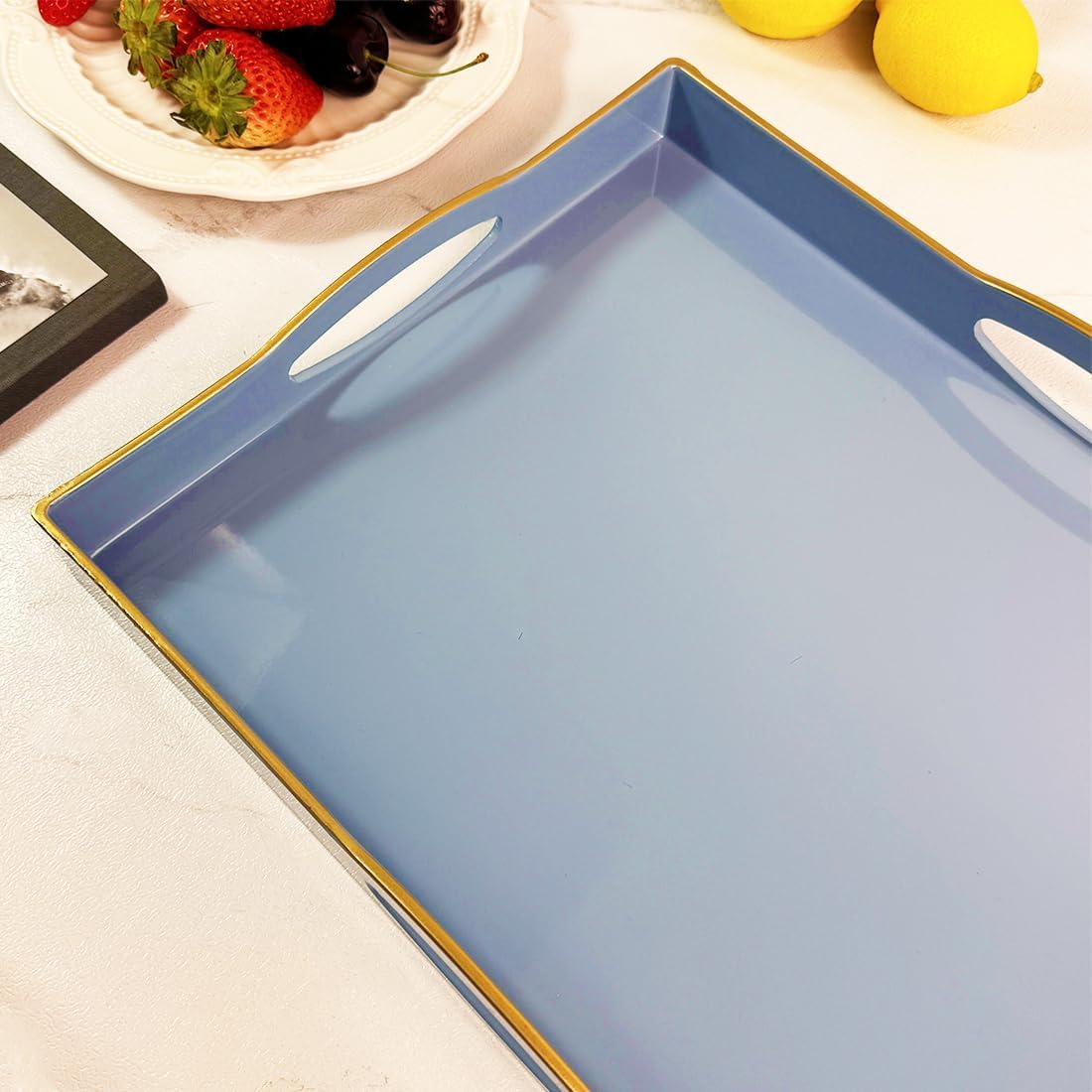 Blue Serving Tray with 4 Handles, Plastic Decorative Tray for Coffee Table, Ottoman - Ideal for Living Room & Bathroom. 15” x 11” x 1.9”