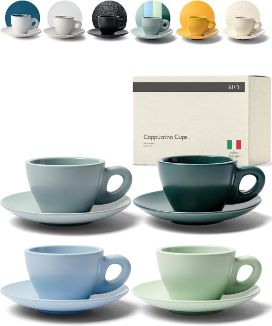 KIVY Cappuccino cups set of 4 [8oz] - Thick-walled stoneware cappuccino cup set for latte art - Cappuccino coffee cups - Tazas de cafe - Latte cups - Latte art cup and saucer set of 4 - Green, Blue