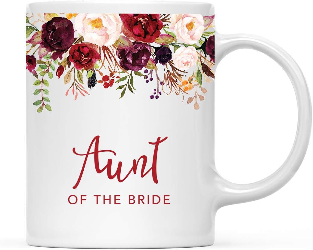 Andaz Press 11oz. Wedding Ceramic Coffee Tea Mug Gift, Fall Autumn Marsala Burgundy Flowers Roses Florals, Aunt of the Bride, 1-Pack, Includes Gift Box