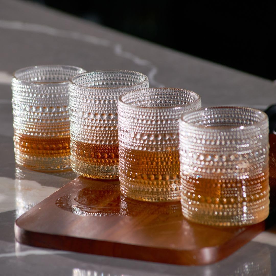 LEMONSODA Hobnail Drinking Glasses Set of 4 – Vintage Clear Lowball Glass Cups 10oz – Textured Barware Aesthetic Retro Glassware Tumblers for Water, Cocktails, Whiskey, Juice (Lowball 10oz, Set of 4)