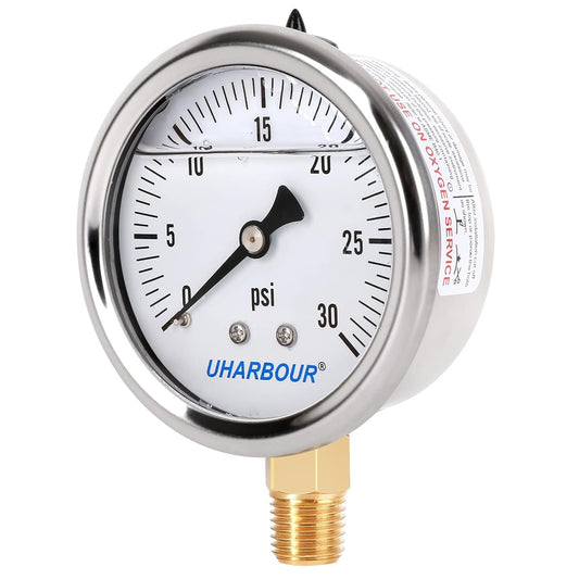 Glycerin Filled Pressure Gauge with 304 Stainless Steel Case, 2.5" Dial Size, 0-30Psi, High Accuracy, 1/4" NPT Center Lower Mount with Single Scale (psi).…