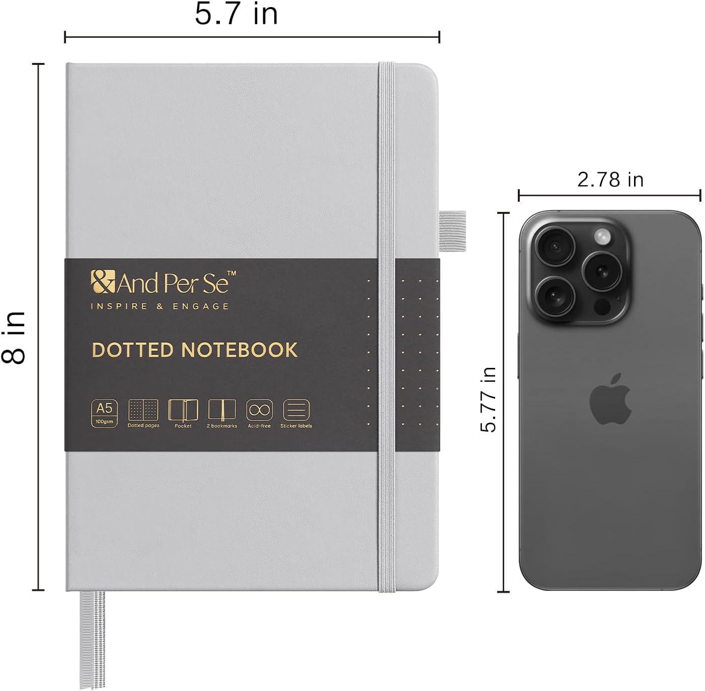 &And Per Se Dotted Journal Notebook, A5 Hardcover Leather Bullet Dotted Journal, 160 Pages 100 gsm Thick Dotted Paper，3 Sheets of Stickers Included - 5.7'' x 8''（Grey）