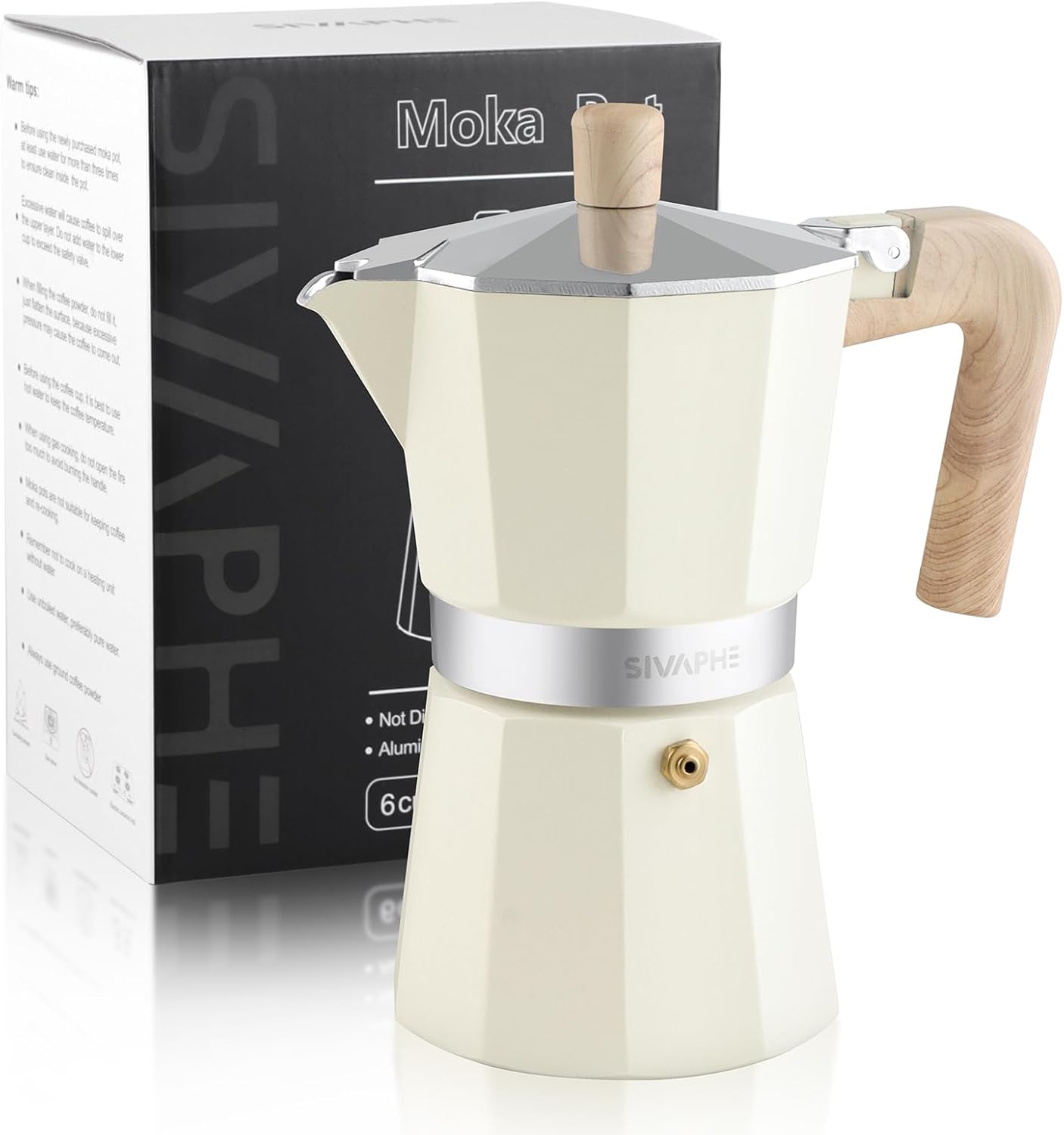 Sivaphe Aluminum Moka Pot 6 Espresso Cups, Percolator Espresso and Coffee Maker, Portable Stovetop Italian and Cuban Café Brewer for Home and Camping White