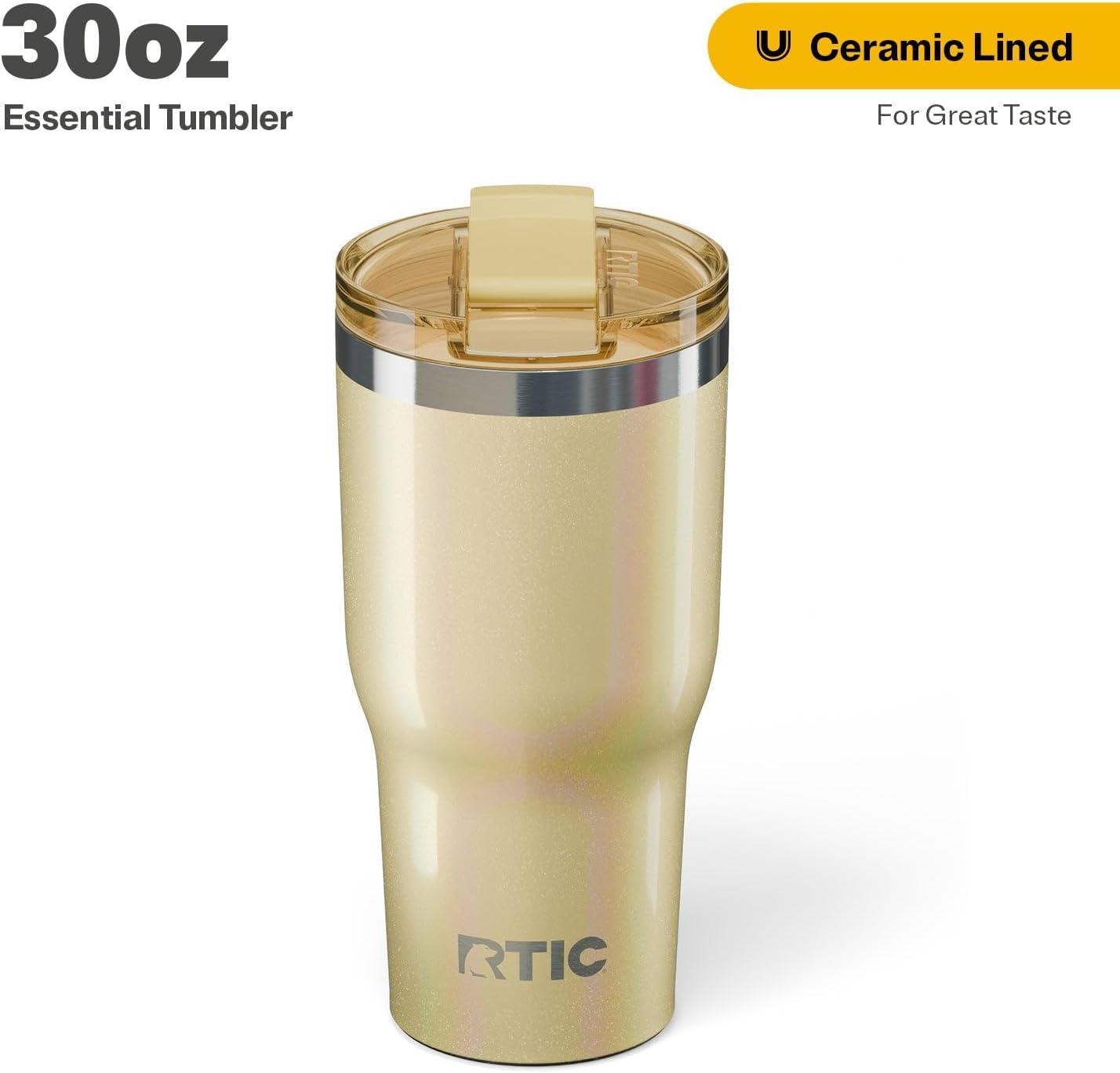 RTIC 30oz Essential Tumbler with Lid, Insulated, Stainless Steel, Metal, Double Wall Vacuum-Insulation, Ceramic Lined, Travel Cup for Iced Coffee, Tea, Hot and Cold Drink, Sunlight Glitter