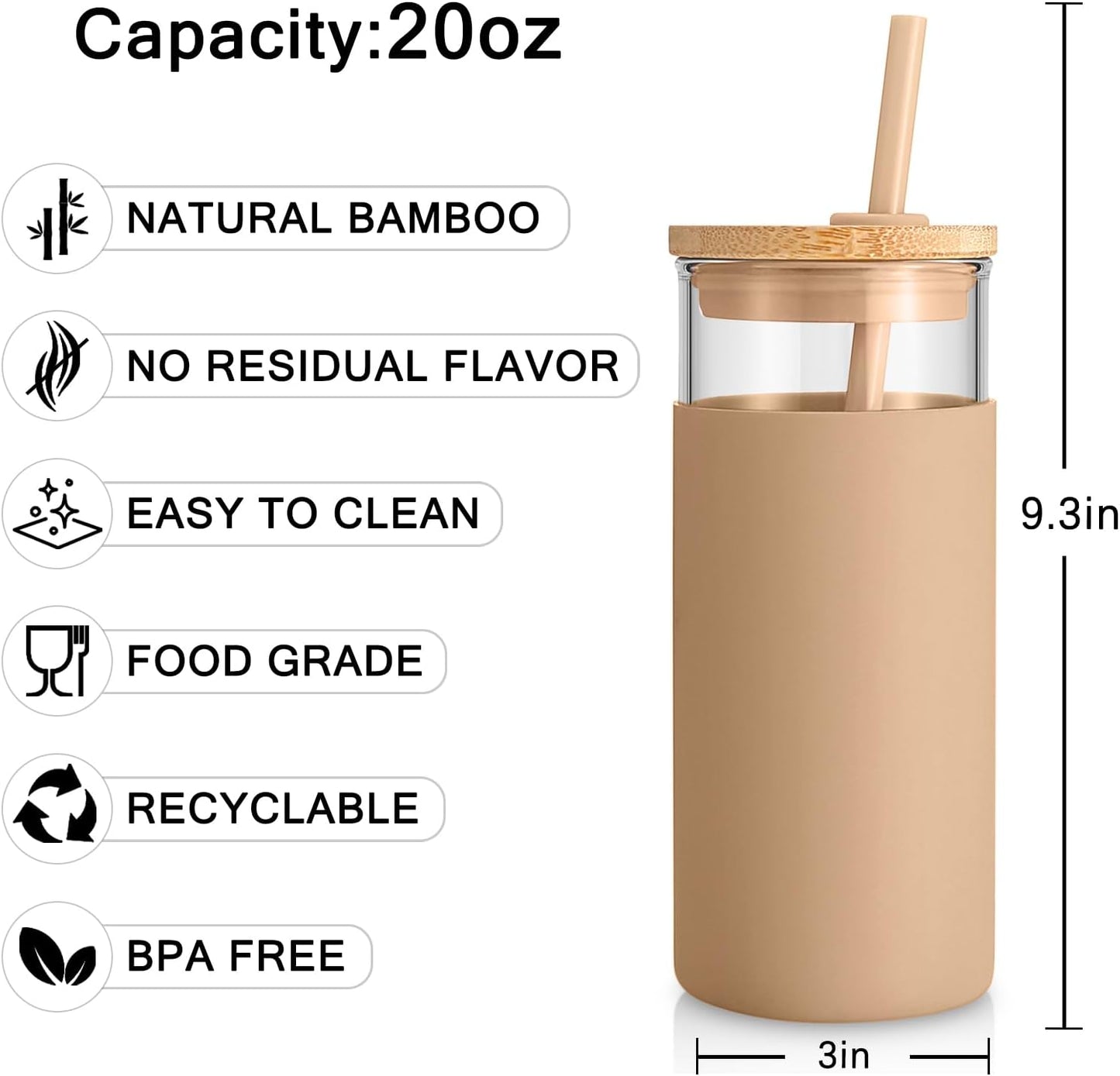 Tronco 20oz Glass Tumbler Glass Water Bottle Straw Silicone Protective Sleeve Bamboo Lid - BPA Free (Dot Bronze/ 1 Pack)