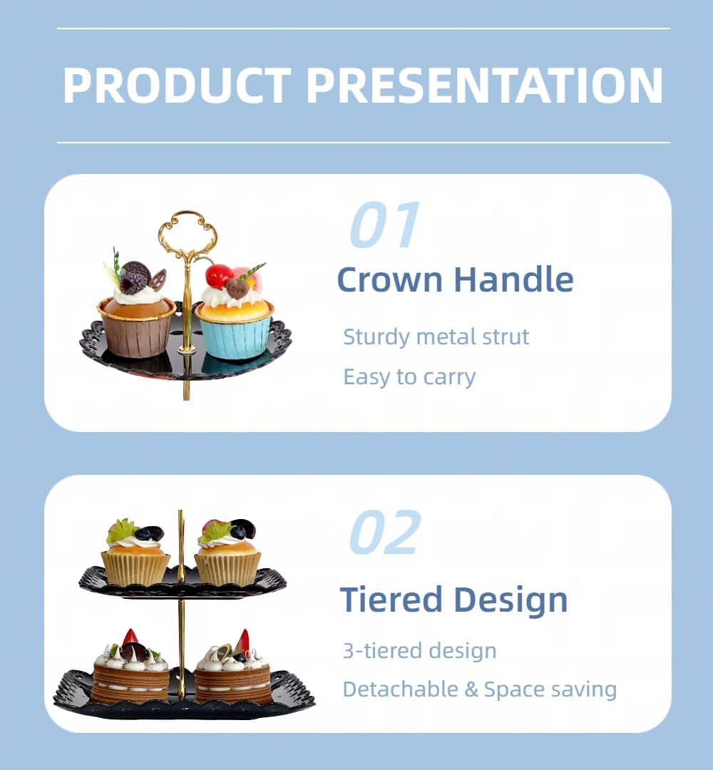 RAUVOLFIA 2 Pack of Plastic Round & Square Dessert Cupcake Stand, 3 Tier Cup Cake Holder Tower for Tea Party/Birthday/Wedding, Plastic Tiered Serving Tray (Black)