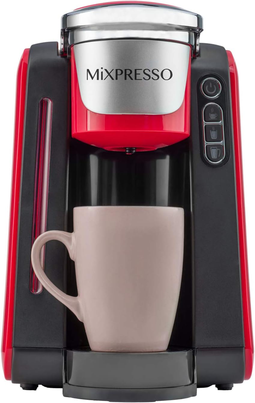 Mixpresso Single Cup Coffee Maker Compatible With 1.0 & 2.0 Single Cup Pods, Removable 45oz Water Tank, Quick Brewing with Auto Shut-Off, One Touch Function (Red/Black)