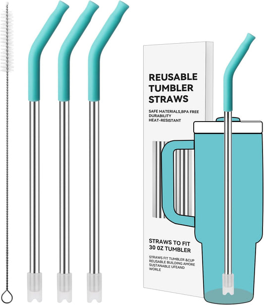 Reusable Metal Straws with Silicone Tip for Stanley 30oz,Stainless Steel Drinking Straws for 30oz Tumbler,3 Straight Tubes & 6 Tips& 1 Cleanr Brush (Jade)