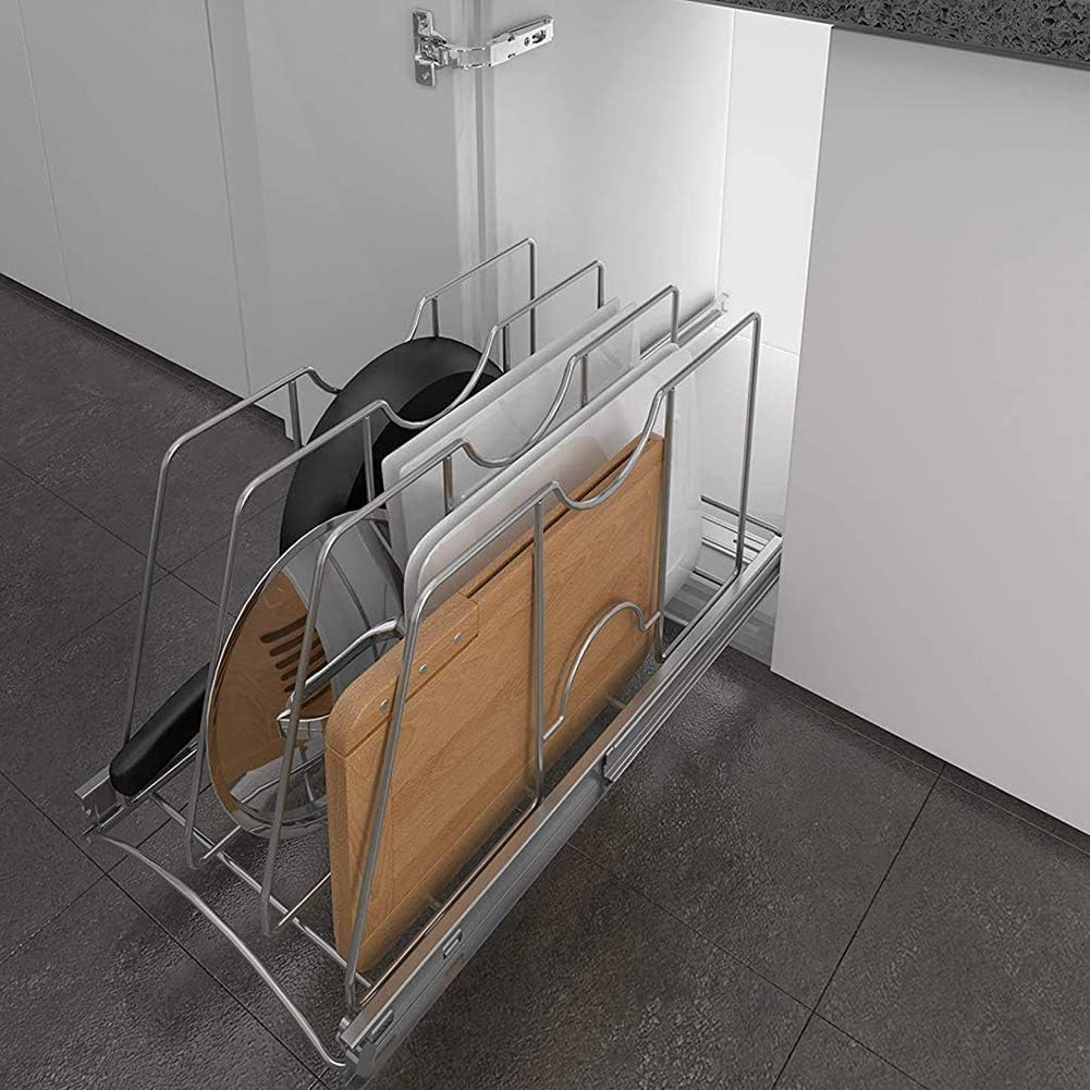 Pull Out Cookie Sheet Organizer for Cabinet, Pan and Pot Rack, Cutting Board Organizer Rack, Baking Tray Organizer for Cabinet, Adjustable Divider Width, 11" W x 22" D x 11.8" H, Chrome