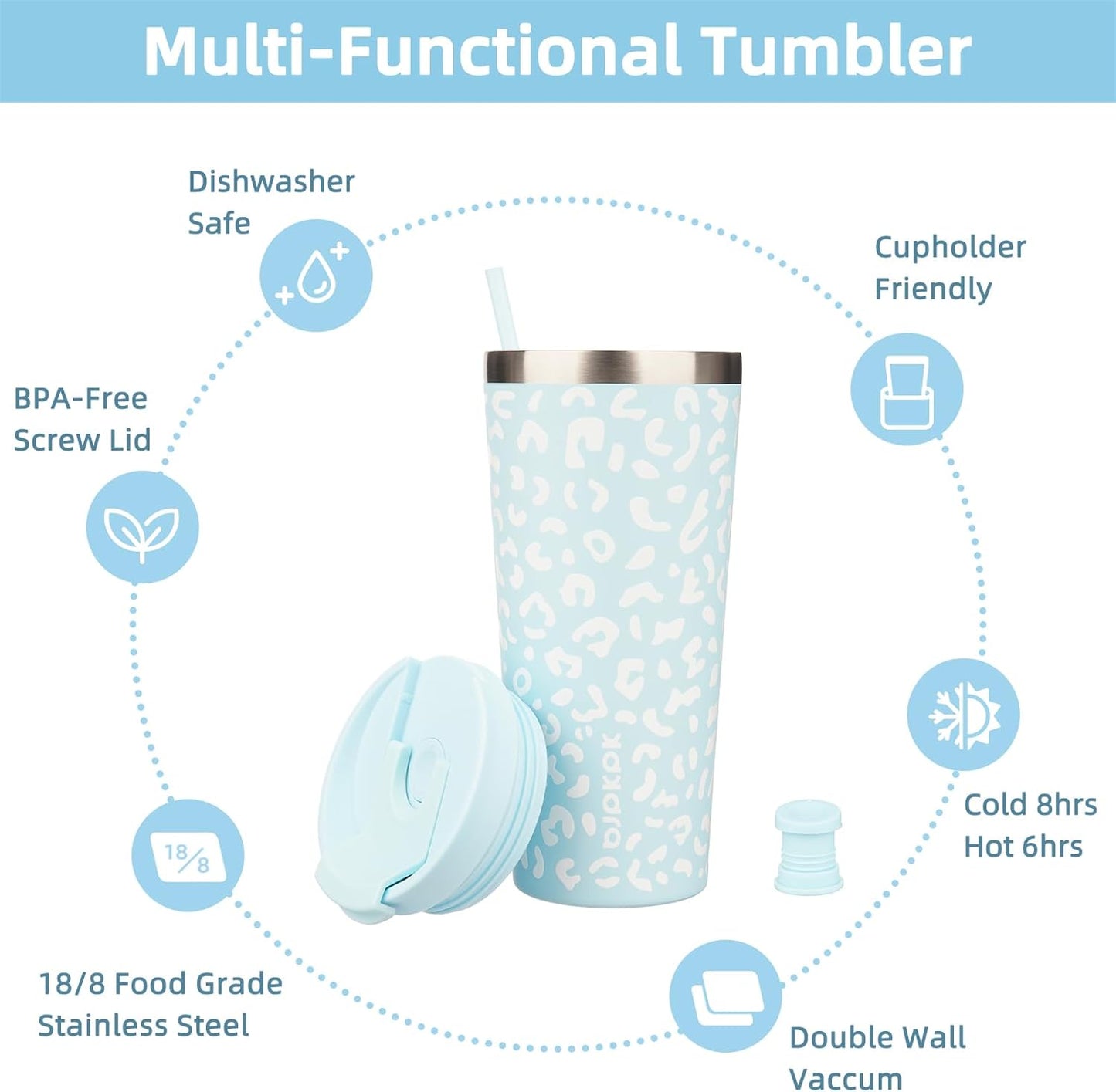 BJPKPK 22oz Tumbler With lid And Straw Stainless Steel Travel Coffee Mug Insulated Tumblers Cups,Light Blue Leopard