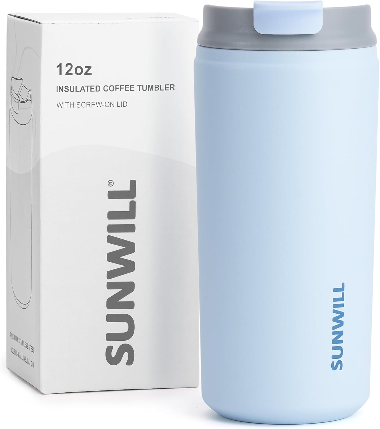 SUNWILL Insulated Coffee Mug with Lid, Leak Proof Tumbler Stainless Steel, 12 oz Travel Cup for Office, Home, Powder Coated Iceberg
