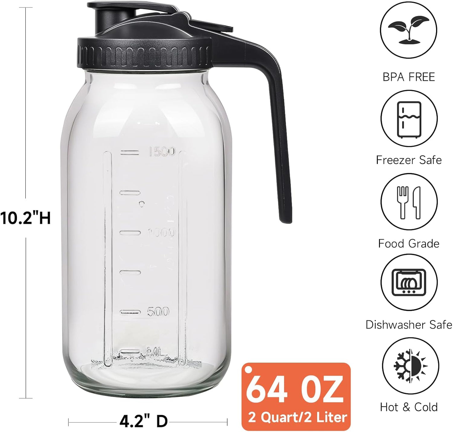2 Pack 64oz Glass Mason Jar Pitchers with Airtight Lids & Handles – Wide Mouth, Leak-Proof Jars for Sun Tea, Cold Brew, Lemonade, Iced Coffee, and More