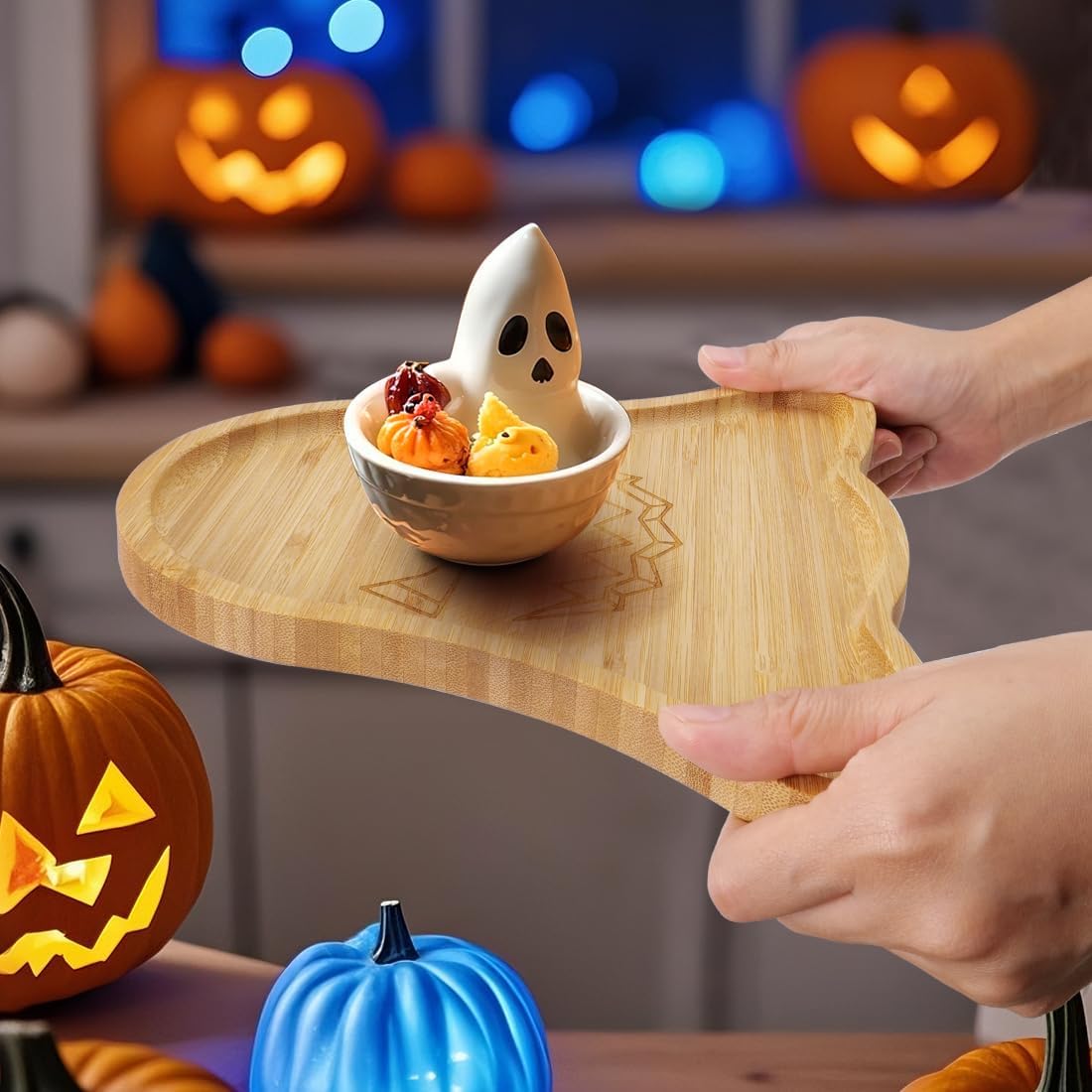 TJ POP Halloween Ghost Serving Tray - Spooky Ghost Shaped Bamboo Serving Platter, Festive Wooden Charcuterie Board, Snack Cheese Dish Plate for Candy, Treats, Drinks & Holiday Party Decor (10" x 9")