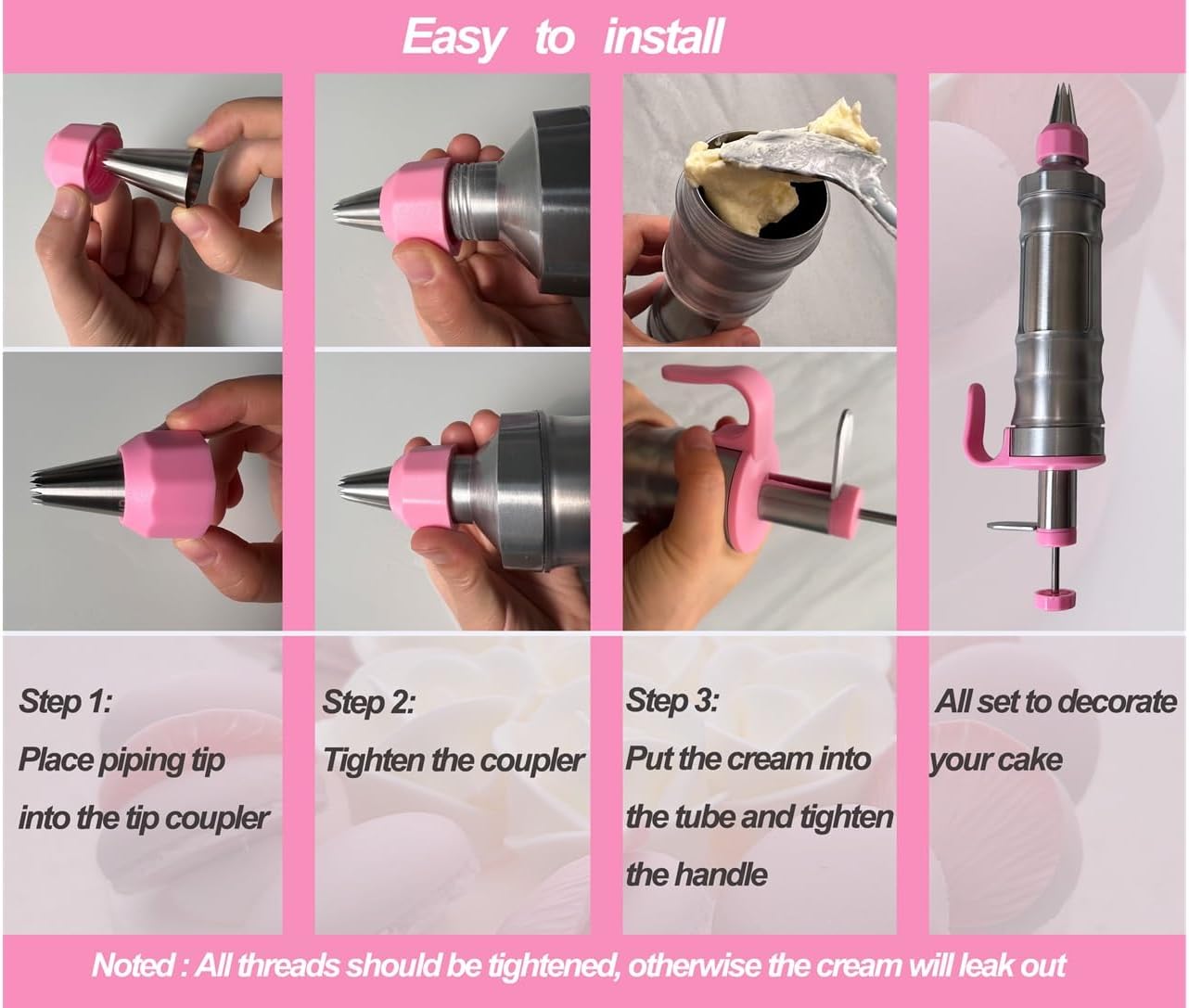 Dessert Decorating Piping Syringe Set Cake Decorating Tool Cookie Gun Press,Icing Decoration Gun,Frosting Piping Kit 6 Piping Icing Nozzles for Baking,Decorating Cupcake,Deviled Eggs (Silver & Pink)
