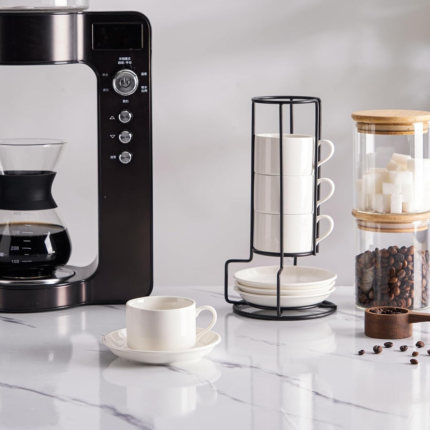 2.5oz Porcelain Stackable Espresso Cups with Saucers and Metal Stand Set of 4, Stackable Cappuccino Cups, White Expresso Shots Cup Set for Coffee Drinks, Latte, Tea