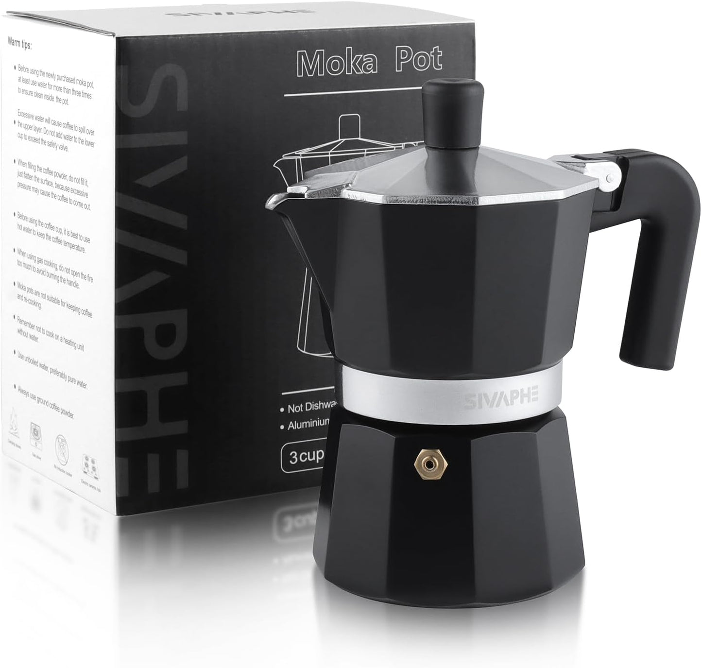 Sivaphe Aluminum Moka Pot 3 Espresso Cups, Percolator Espresso and Coffee Maker, Portable Stovetop Italian and Cuban Café Brewer for Home and Camping Black