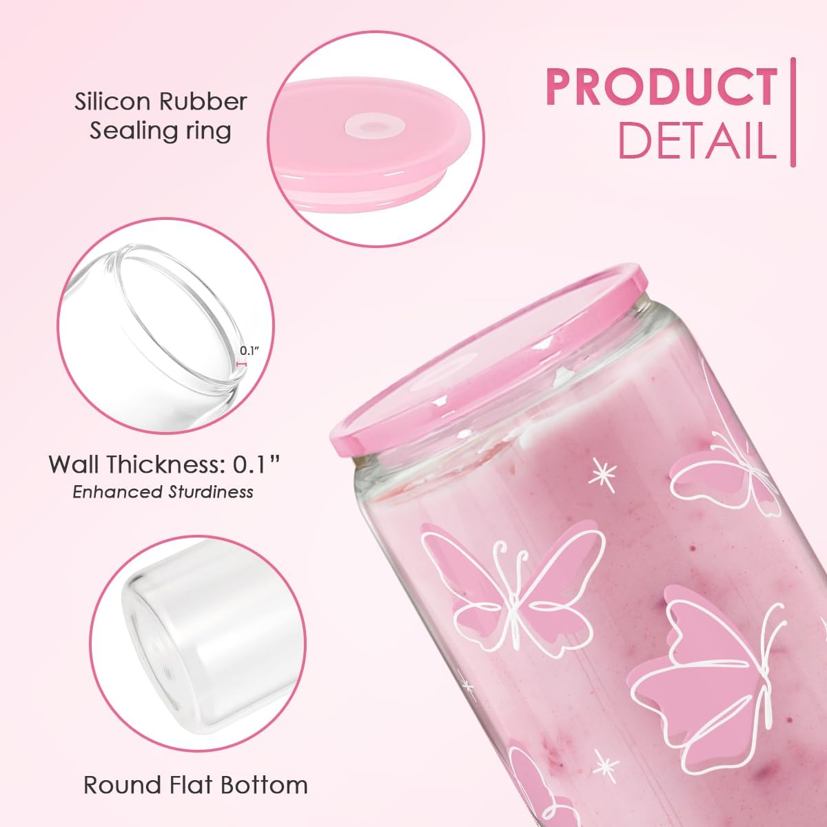 Butterfly 16 Oz Can Glass Tumbler with Acrylic Lid and Straw - Iced Coffee Cups for Women, Aesthetic Glass Cup Gift for Birthday Christmas